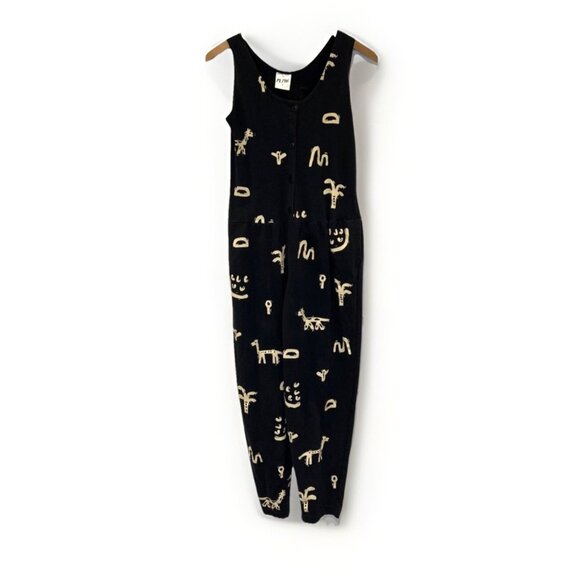 Vtg M Mac Sleeveless Jumpsuit Romper Black Gold Novelty Print Giraffe Palm Tree - Picture 1 of 9